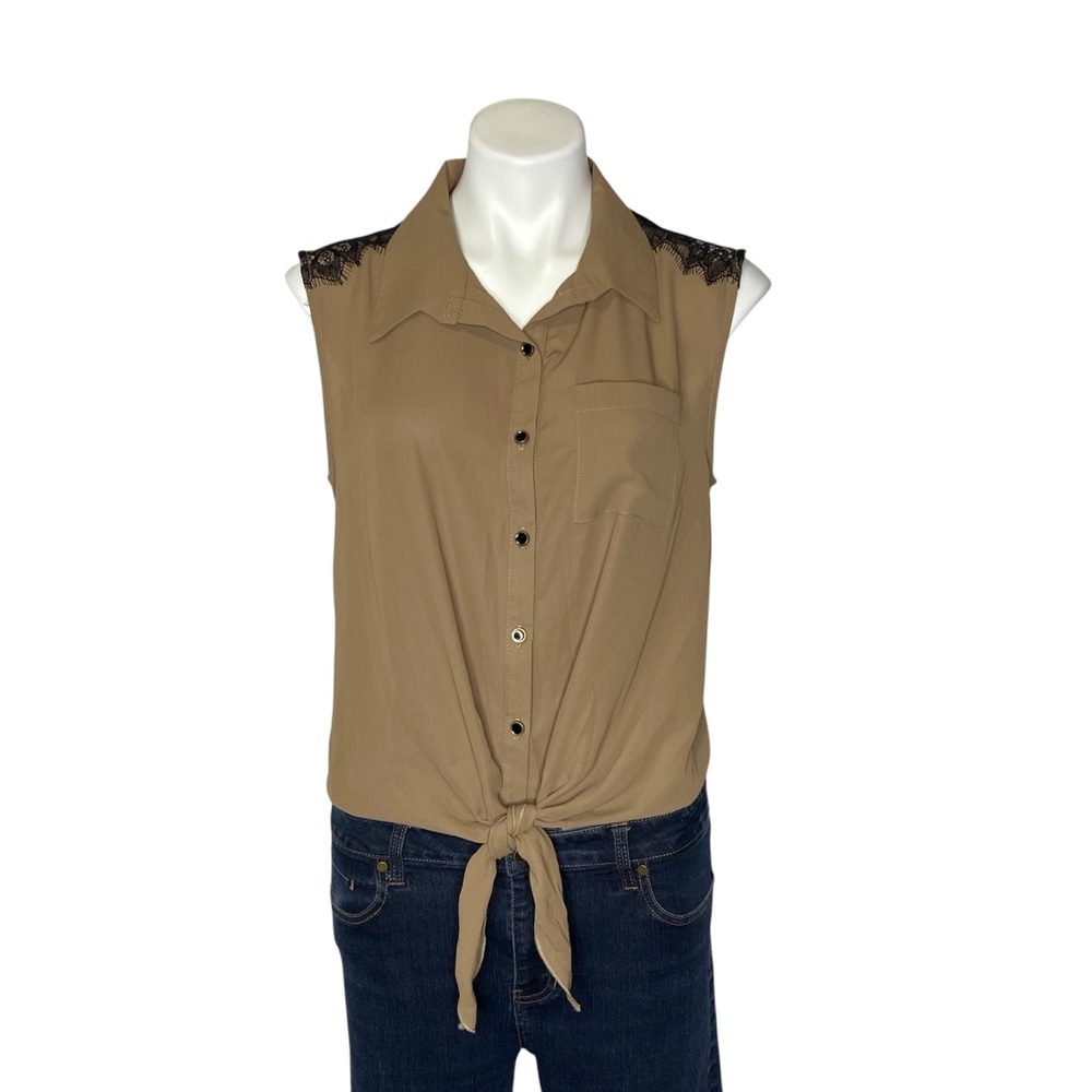 GABRIELLA ROCHA Sleeveless Button Down Top Lave Shoulder Tie Waist Large